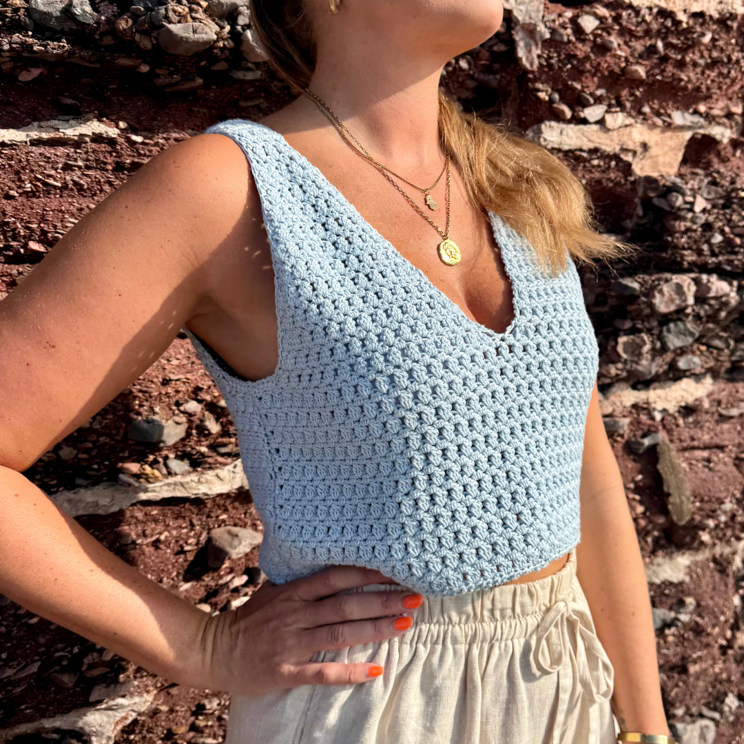 Mabel Cami Crochet Patten | Digital Crochet Pattern | Intermediate level crochet | V-neck crochet top | Woman wearing a blue crochet cami