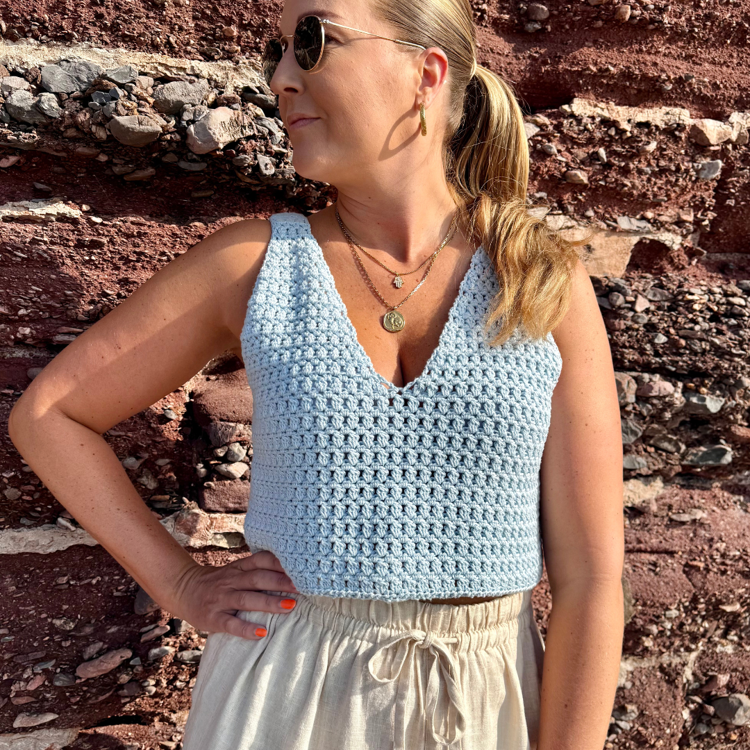 Mabel Cami Crochet Patten | Digital Crochet Pattern | Intermediate level crochet | V-neck crochet top | Woman wearing a blue crochet cami