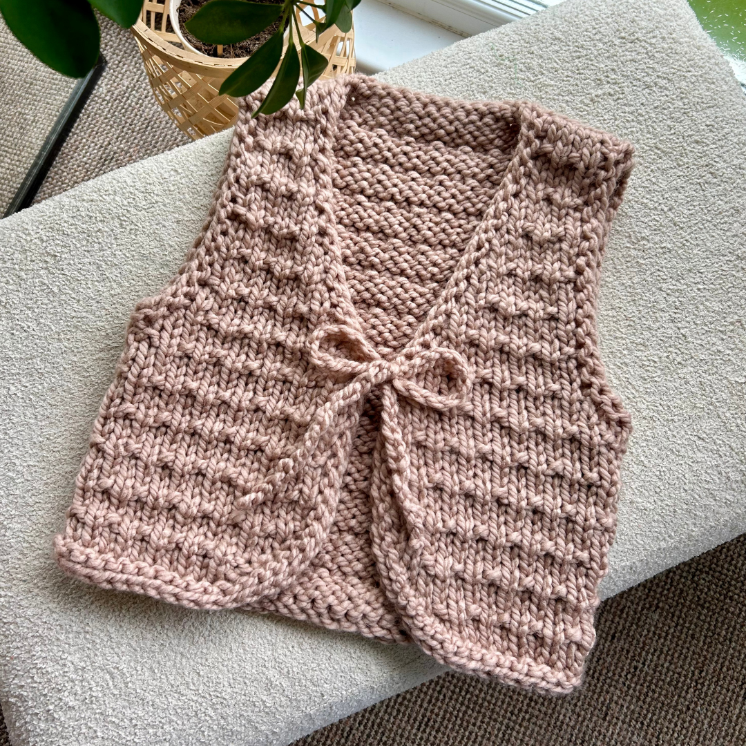 Chunky wool blend tie front waistcoat knit kit