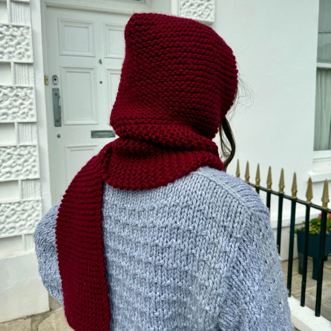 Person wearing a red knitted hood and scarf in front of a white door.