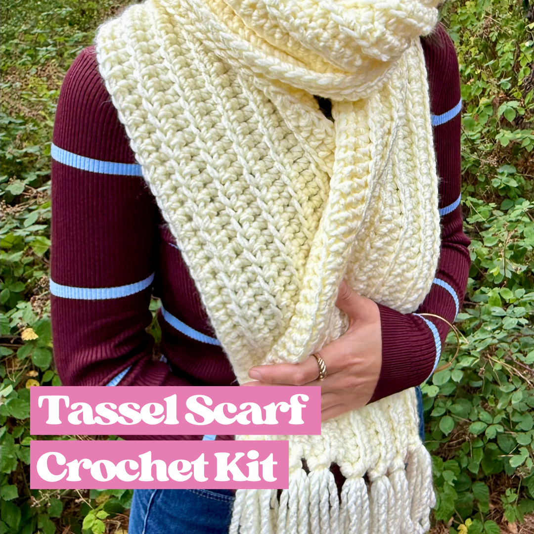 crochet tassel scarf crochet kit | beginner friendly crochet kit | chunky scarf crochet kit with tassels