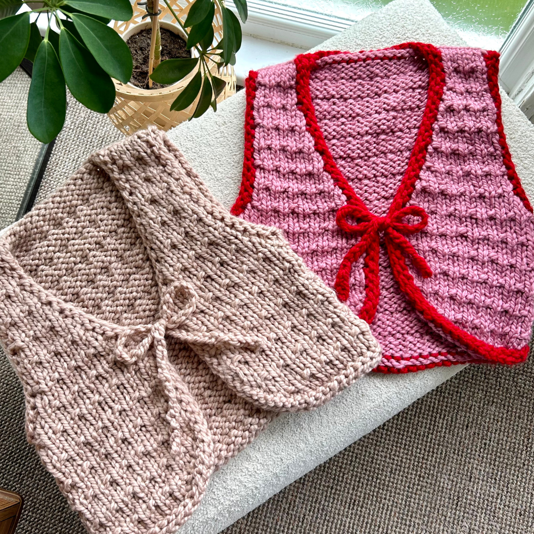 Chunky textured tie front knitted waistcoat - The Georgia Waistcoat knitting pattern