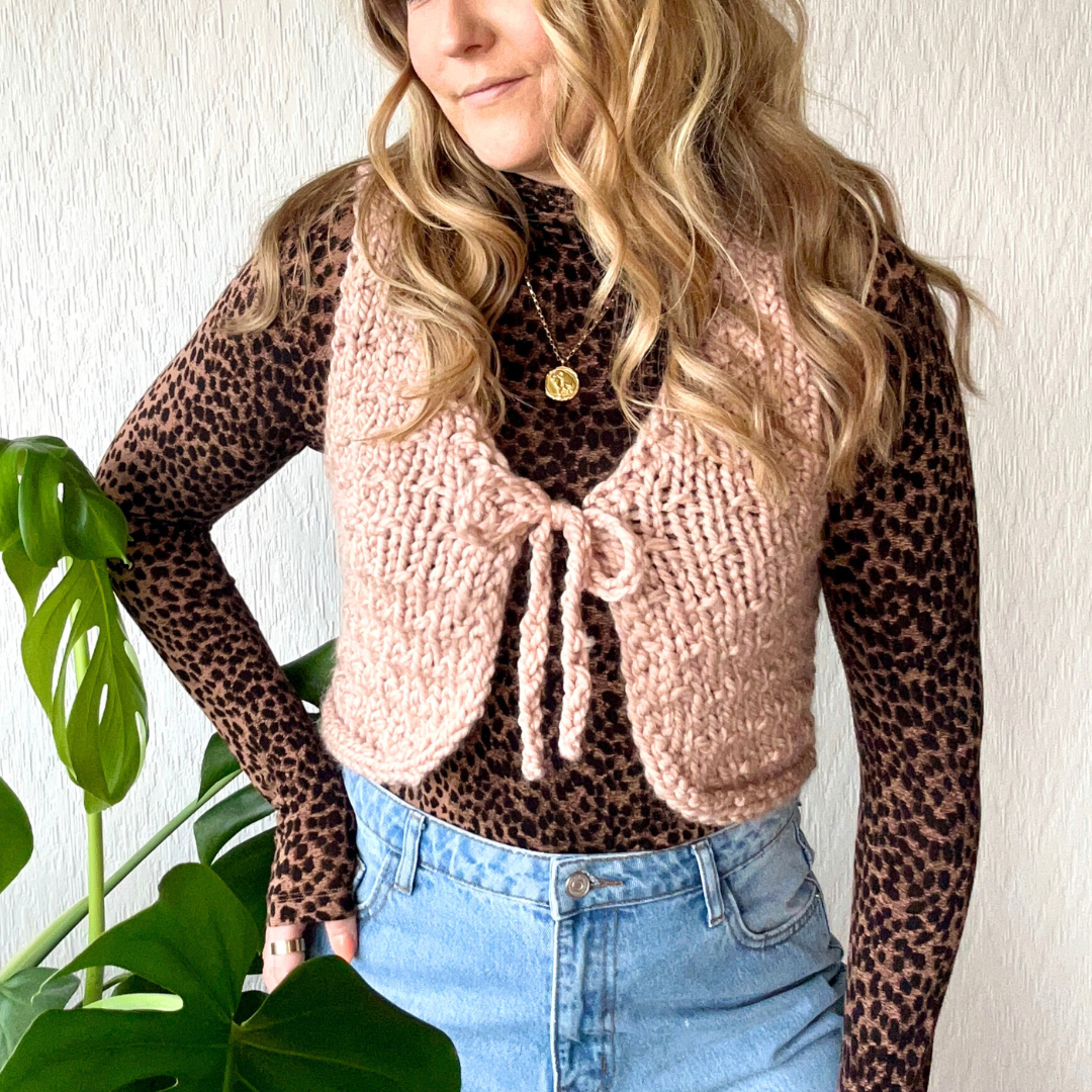 Chunky wool blend tie front waistcoat knit kit