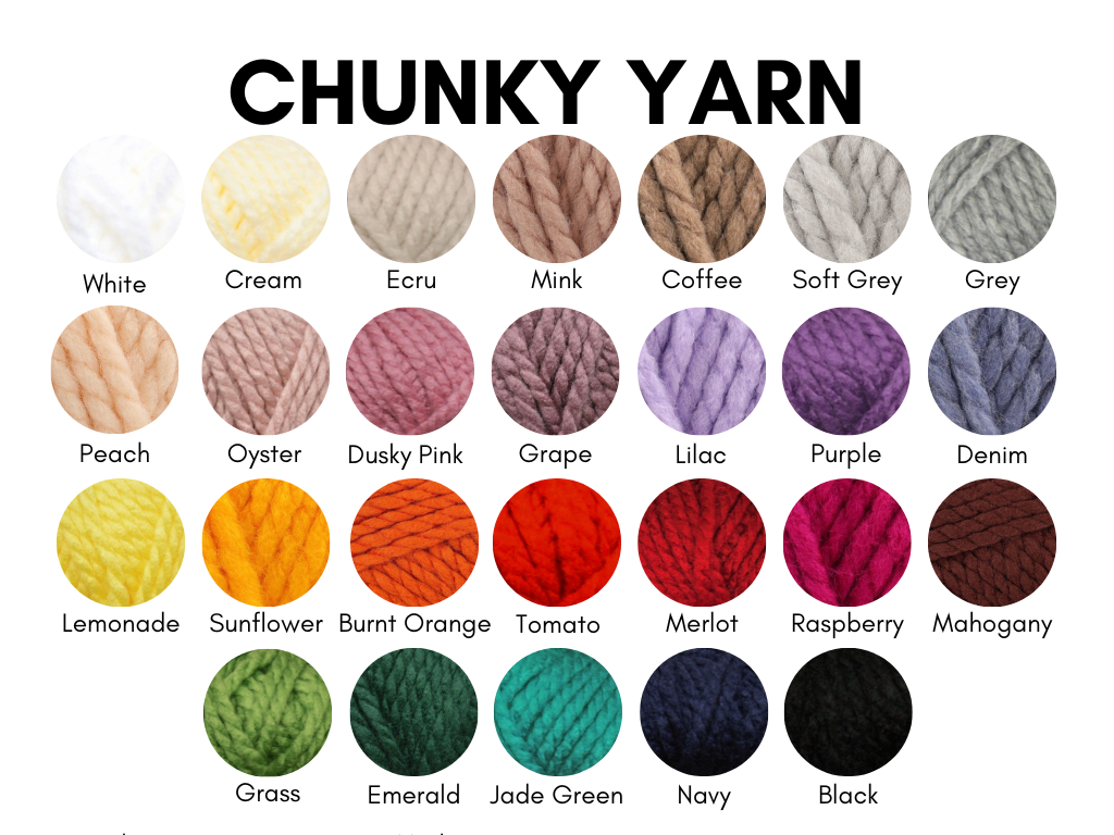Color chart of chunky yarn in various shades with labels.