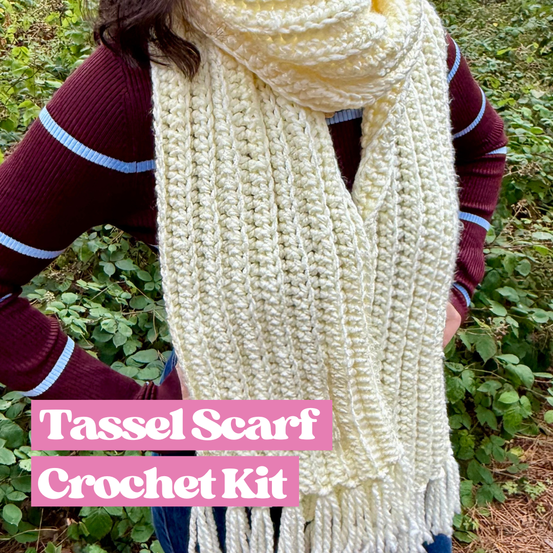 crochet tassel scarf crochet kit | beginner friendly crochet kit | chunky scarf crochet kit with tassels