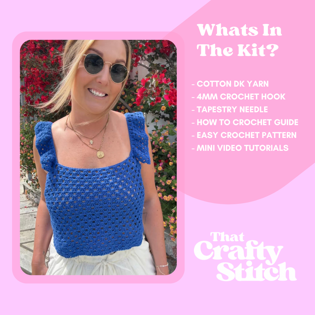 Summer top crochet kit | confident beginner friendly crochet kit | Santorini shell top | DK cotton yarn
