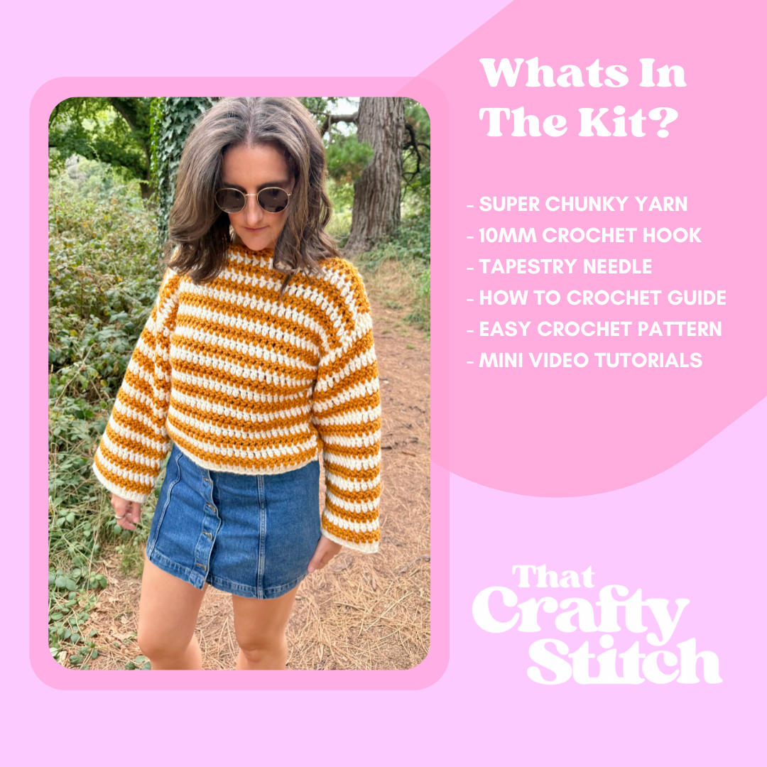 Stripe Laura jumper | beginner friendly crochet jumper | chunky stripe crochet sweater crochet kit