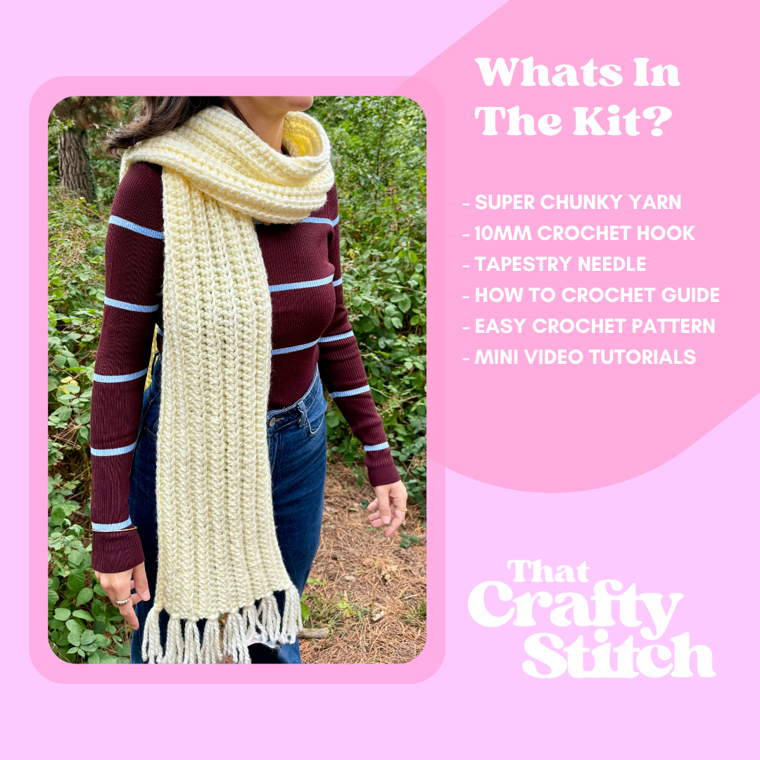 crochet tassel scarf crochet kit | beginner friendly crochet kit | chunky scarf crochet kit with tassels