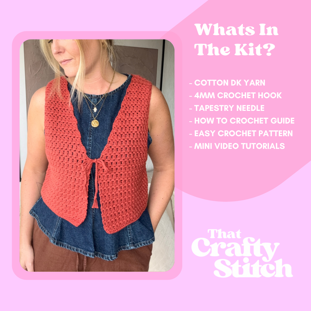 Mabel tie front crochet kit| intermediate level crochet kit | waistcoat crochet kit