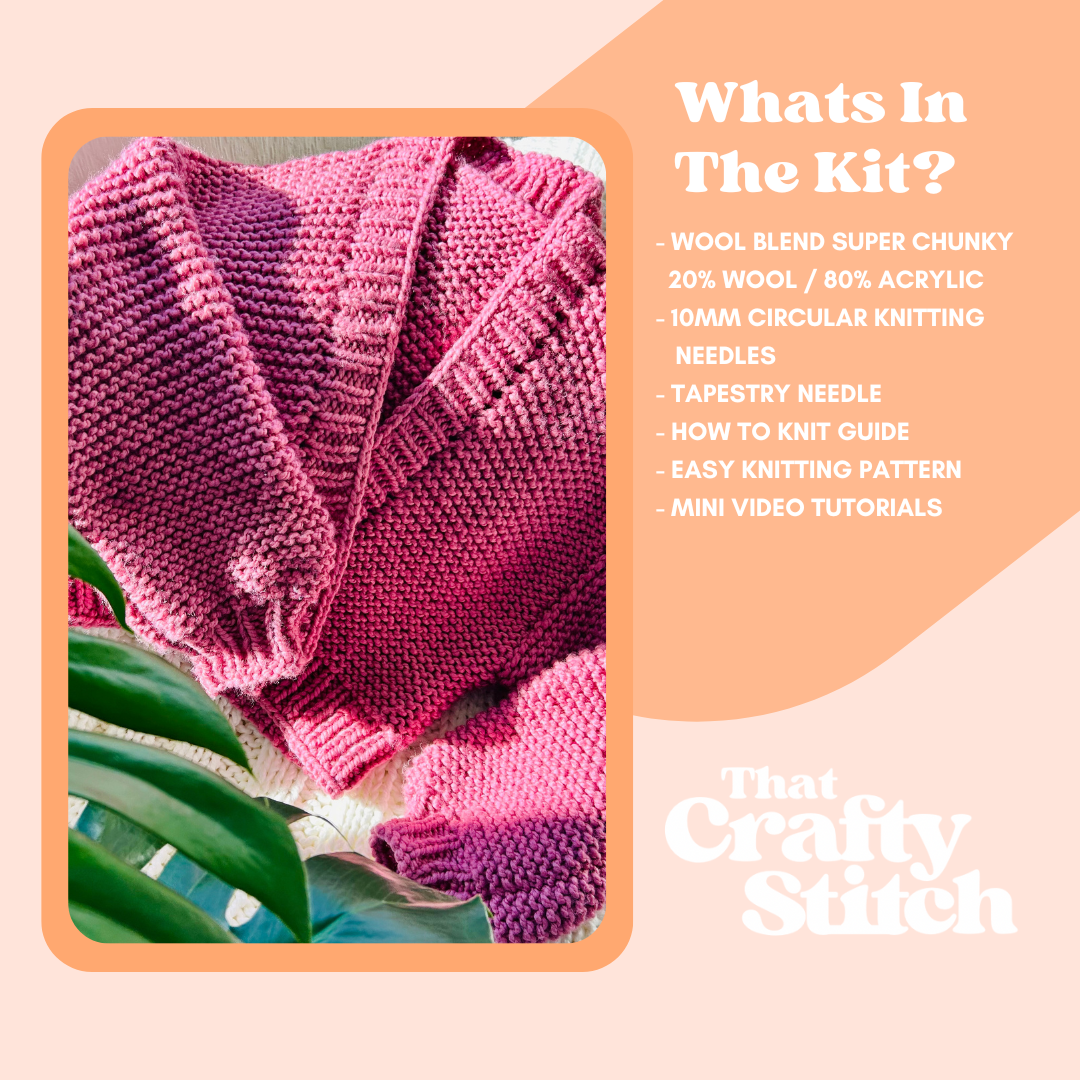 beginner friendly cardigan knit kit wool blend