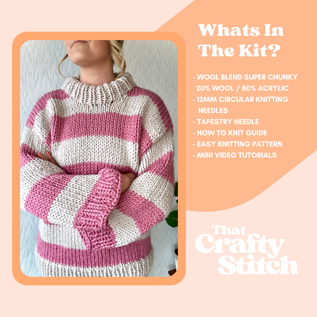 Wool blend super chunky striped jumper | beginner friendly | knitting kit