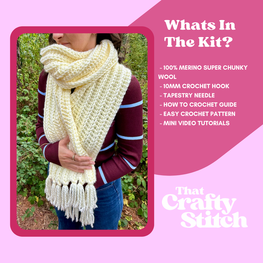 Premium merino chunky tassel scarf crochet kit | beginner friendly crochet kit | make your own crochet scarf