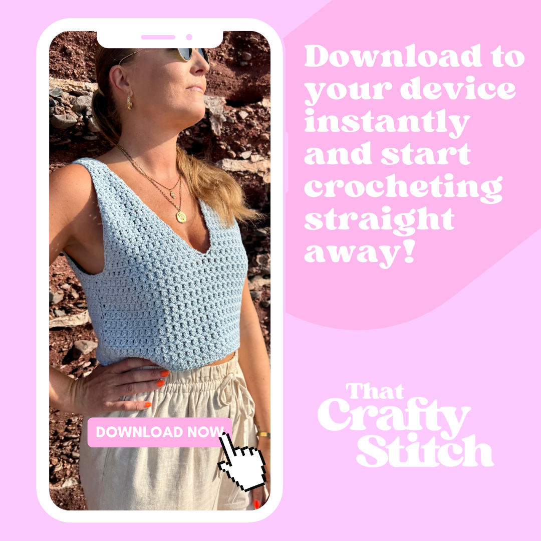 Mabel Cami Crochet Patten | Digital Crochet Pattern | Intermediate level crochet | V-neck crochet top | Woman wearing a blue crochet cami