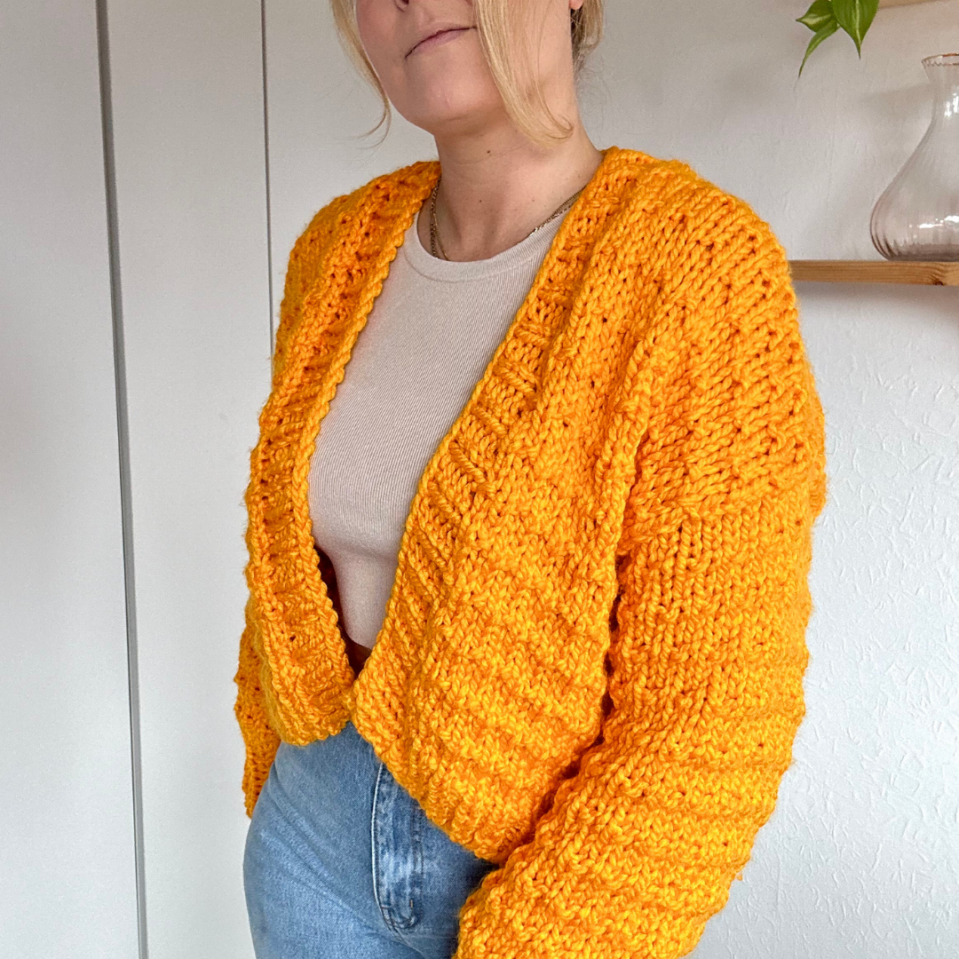 chunky textured confident beginner cardigan knitting kit