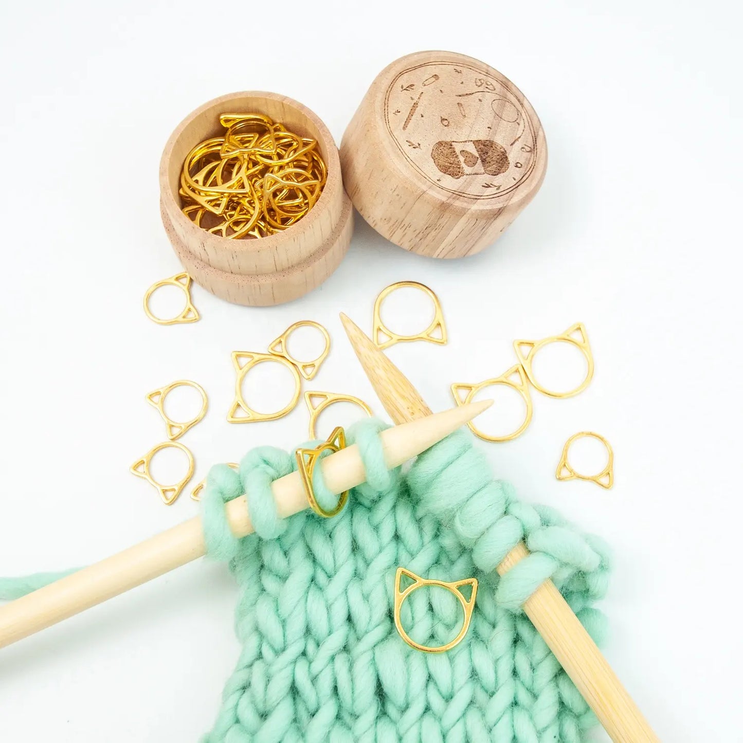 Gold metal cat shaped stitch markers with cute wooden storage box