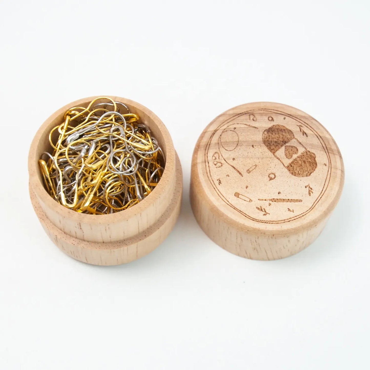 wooden box of metal stitch markers in gold and silver, set of approximately 50 stitch markers