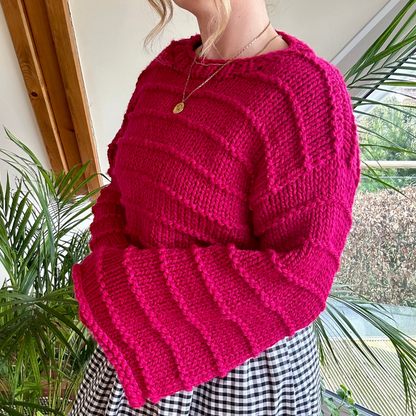 chunky jumper knitting kit - the Ella jumper - girl wearing pink knitted jumper