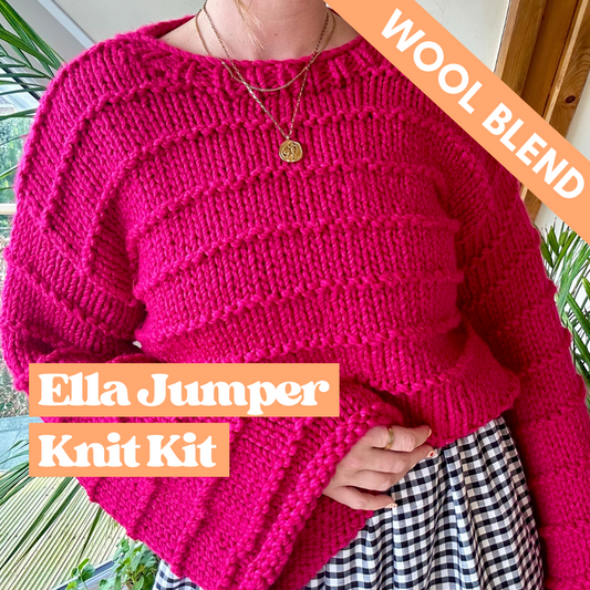 chunky jumper knitting kit - the Ella jumper - girl wearing pink wool blend jumper