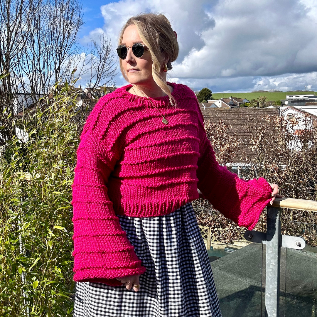 chunky jumper knitting kit - the Ella jumper - girl wearing pink wool blend jumper