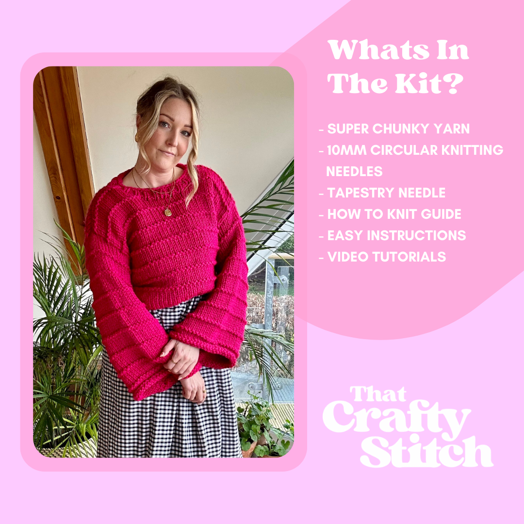 chunky jumper knitting kit - the Ella jumper - girl wearing pink knitted jumper - what's in the knit kit, super chunky yarn, 10mm circular knitting needles, tapestry needle, hot to knit guide, knitting pattern and mini video tutorials 