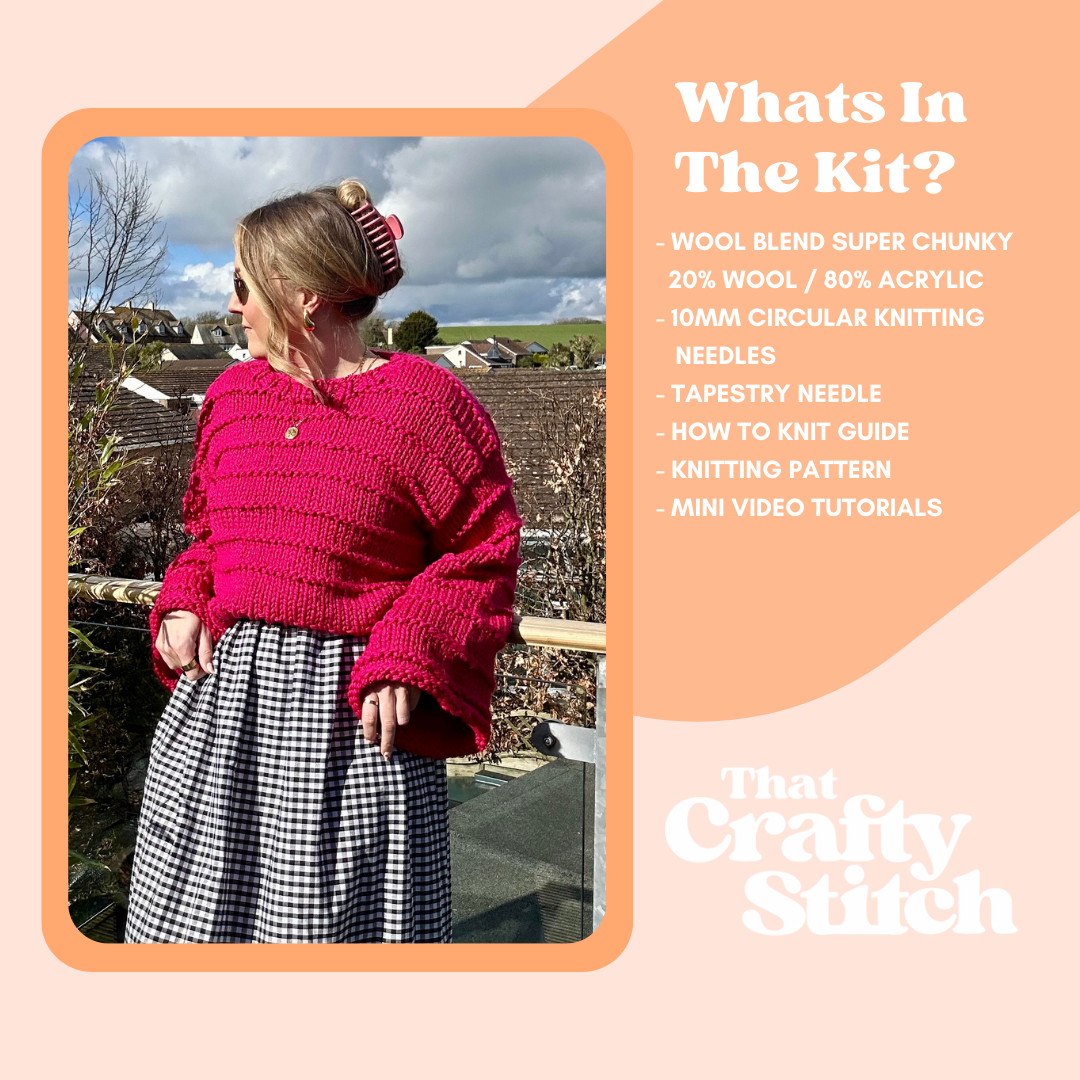 the Ella jumper, what's included in the kit; wool blend super chunky yarn, 10mm circular knitting needles, tapestry needle, how to knit guide, knitting pattern and mini video tutorials