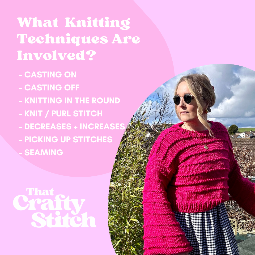 chunky jumper knitting kit - the Ella jumper - girl wearing pink knitted jumper - what techniques are involved; casting on and off, knitting in the round, knit and purl stitch, decrease and increase stitches, picking up stitches and seaming