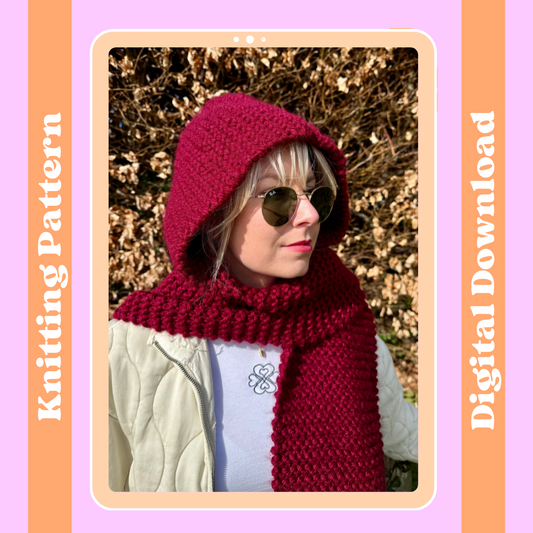 Chunky hooded scarf knitting pattern | digital download knitting pattern | beginner friendly hooded scarf