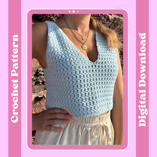 Mabel Cami Crochet Patten | Digital Crochet Pattern | Intermediate level crochet |  V-neck crochet top | Woman wearing a blue crochet cami 