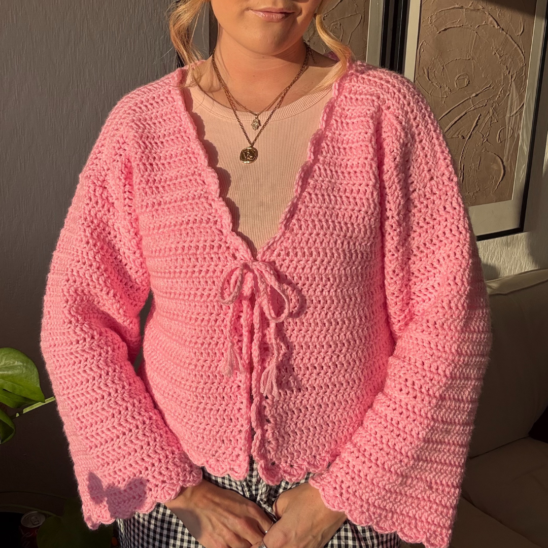 Hallie Cardigan | Chunky scallop trim crochet cardigan kit | DIY crochet kit | Beginner friendly crochet kit