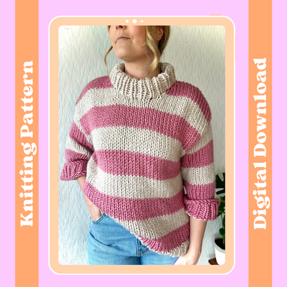 Stripe chunky jumper knitting pattern, beginner friendly, digital knitting pattern