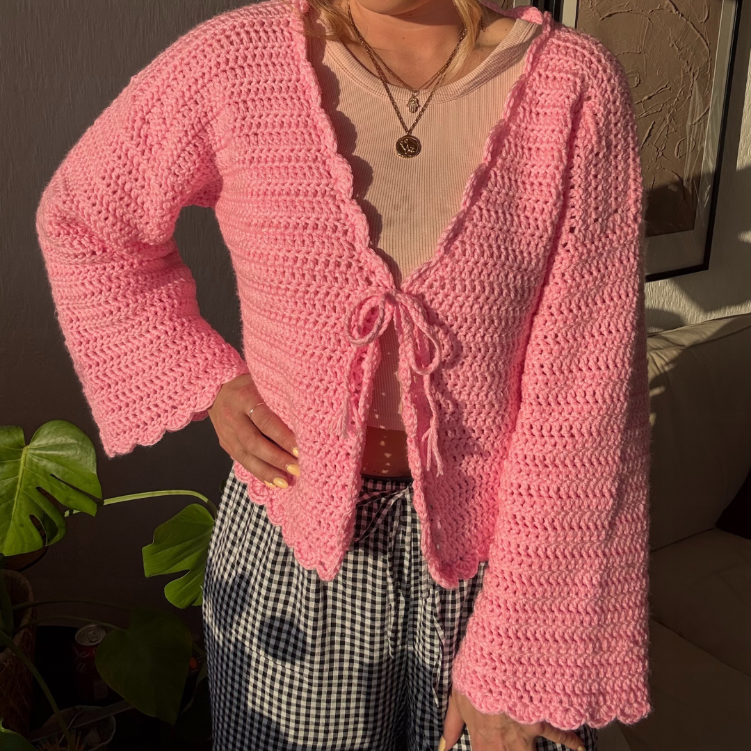 Hallie Cardigan | Chunky scallop trim crochet cardigan kit | DIY crochet kit | Beginner friendly crochet kit