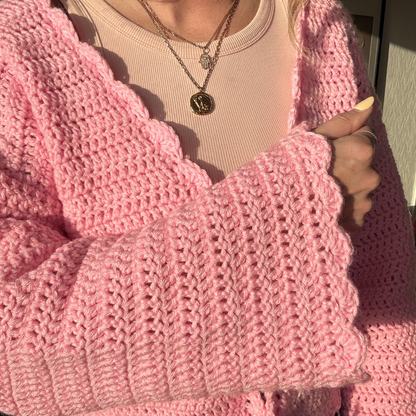 Hallie Cardigan | Chunky scallop trim crochet cardigan kit | DIY crochet kit | Beginner friendly crochet kit
