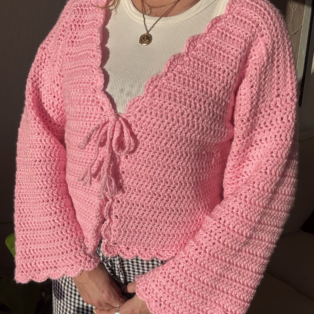 Hallie Cardigan | Chunky scallop trim crochet cardigan kit | DIY crochet kit | Beginner friendly crochet kit