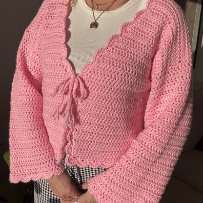 Hallie Cardigan | Chunky scallop trim crochet cardigan kit | DIY crochet kit | Beginner friendly crochet kit