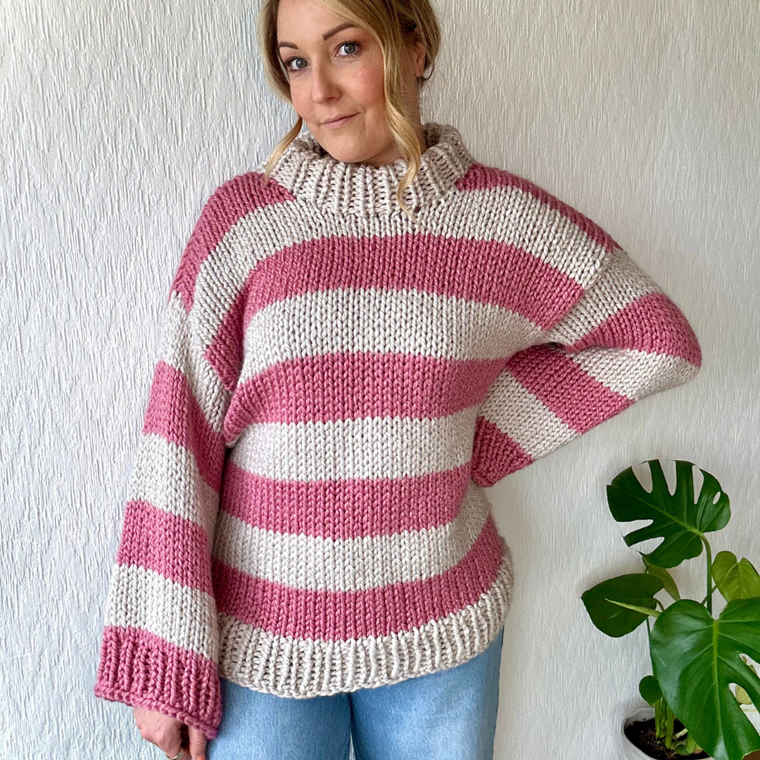 Stripe chunky jumper knitting pattern, beginner friendly, digital knitting pattern