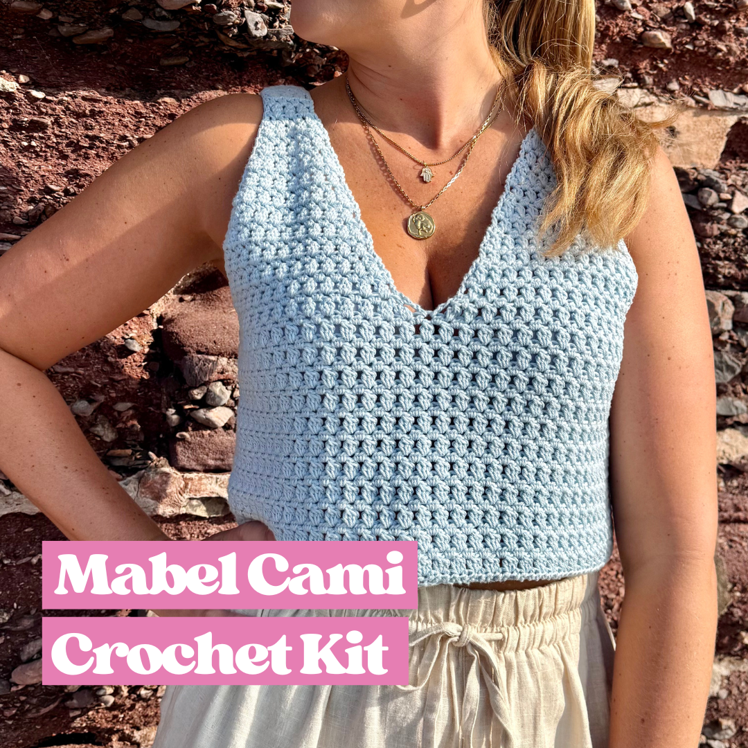 Mabel Cami Crochet Kit | Intermediate level crochet |  V-neck crochet top | Woman wearing a blue crochet cami 