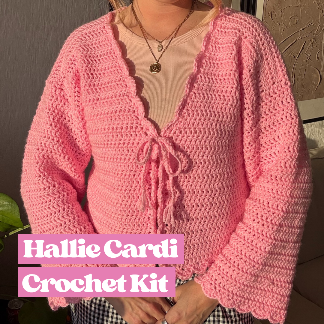 Hallie Cardigan | Chunky scallop trim crochet cardigan kit | DIY crochet kit | Beginner friendly crochet kit