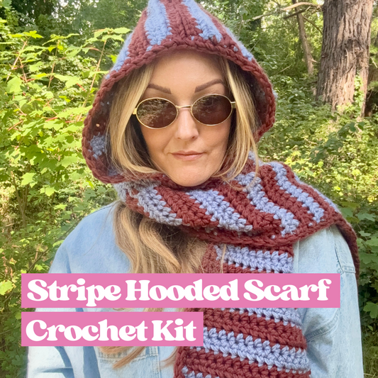 chunky crochet stripe hooded scarf crochet kit | beginner friendly crochet kit | learn to crochet | stripe hood scarf crochet kit