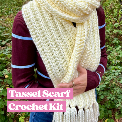 crochet tassel scarf crochet kit | beginner friendly crochet kit | chunky scarf crochet kit with tassels
