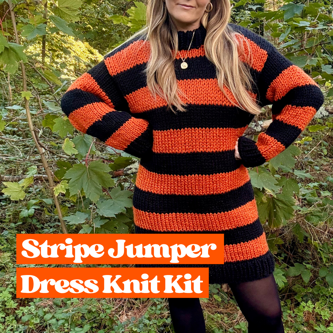 chunky stripe jumper dress knitting kit | beginner friendly knit kit | stripe jumper dress knit kit