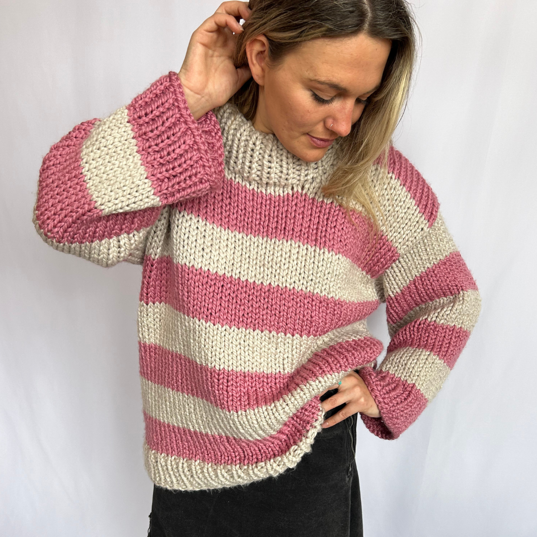 Stripe chunky jumper knitting pattern, beginner friendly, digital knitting pattern