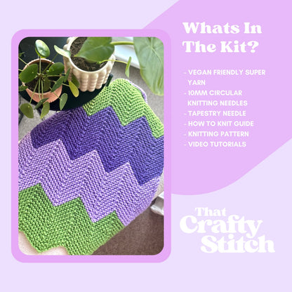 Chunky knit wavy blanket, what's included in the kit, super chunky yarn, 10mm circular knitting needles, how to knit guide, knitting pattern
