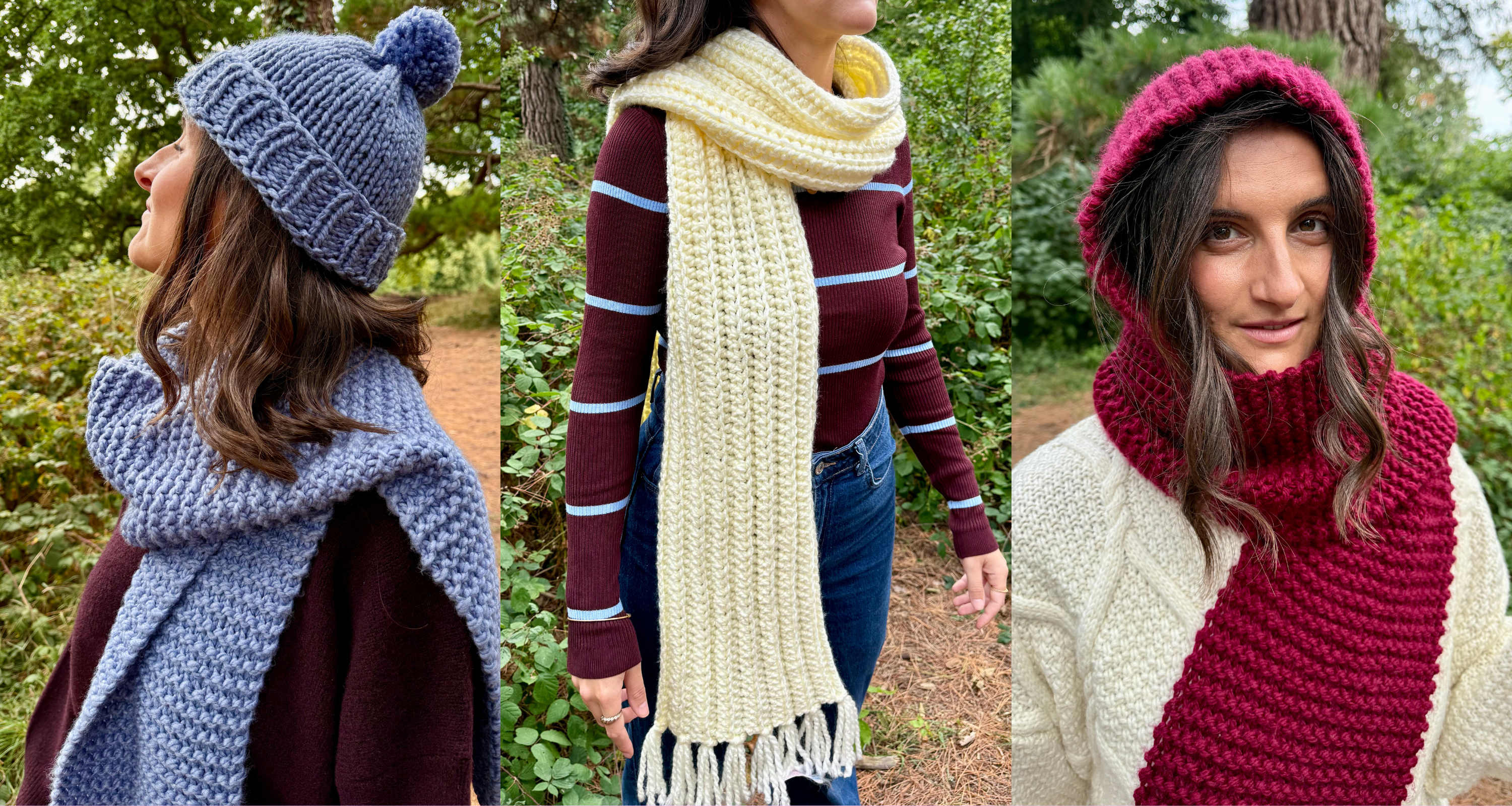 scarf season, knit and crochet scarf kits and patterns, beginner friendly, learn to knit, learn to crochet