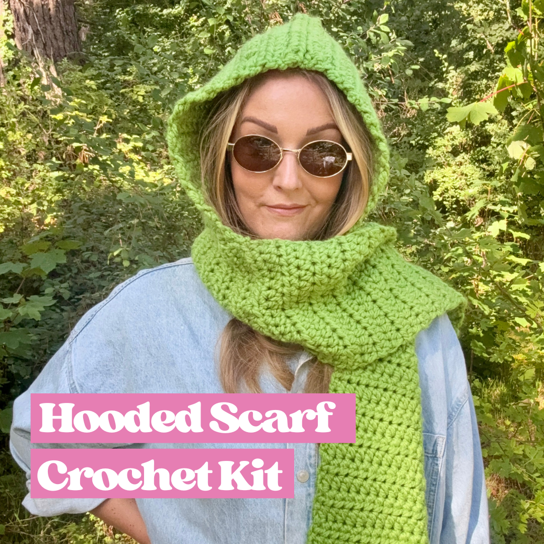 chunky crochet hooded scarf crochet kit | beginner friendly crochet kit | learn to crochet | hood scarf crochet kit