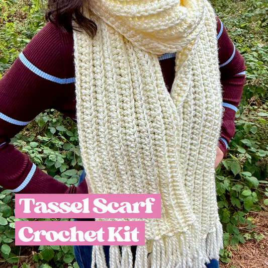 crochet tassel scarf crochet kit | beginner friendly crochet kit | chunky scarf crochet kit with tassels