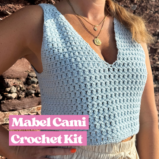 Mabel Cami Crochet Kit | Intermediate level crochet |  V-neck crochet top | Woman wearing a blue crochet cami 