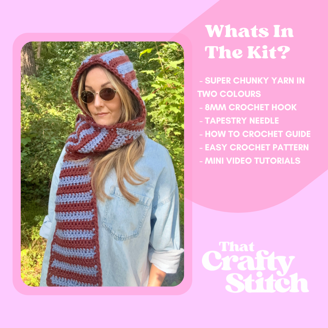 chunky crochet stripe hooded scarf crochet kit | beginner friendly crochet kit | learn to crochet | stripe hood scarf crochet kit