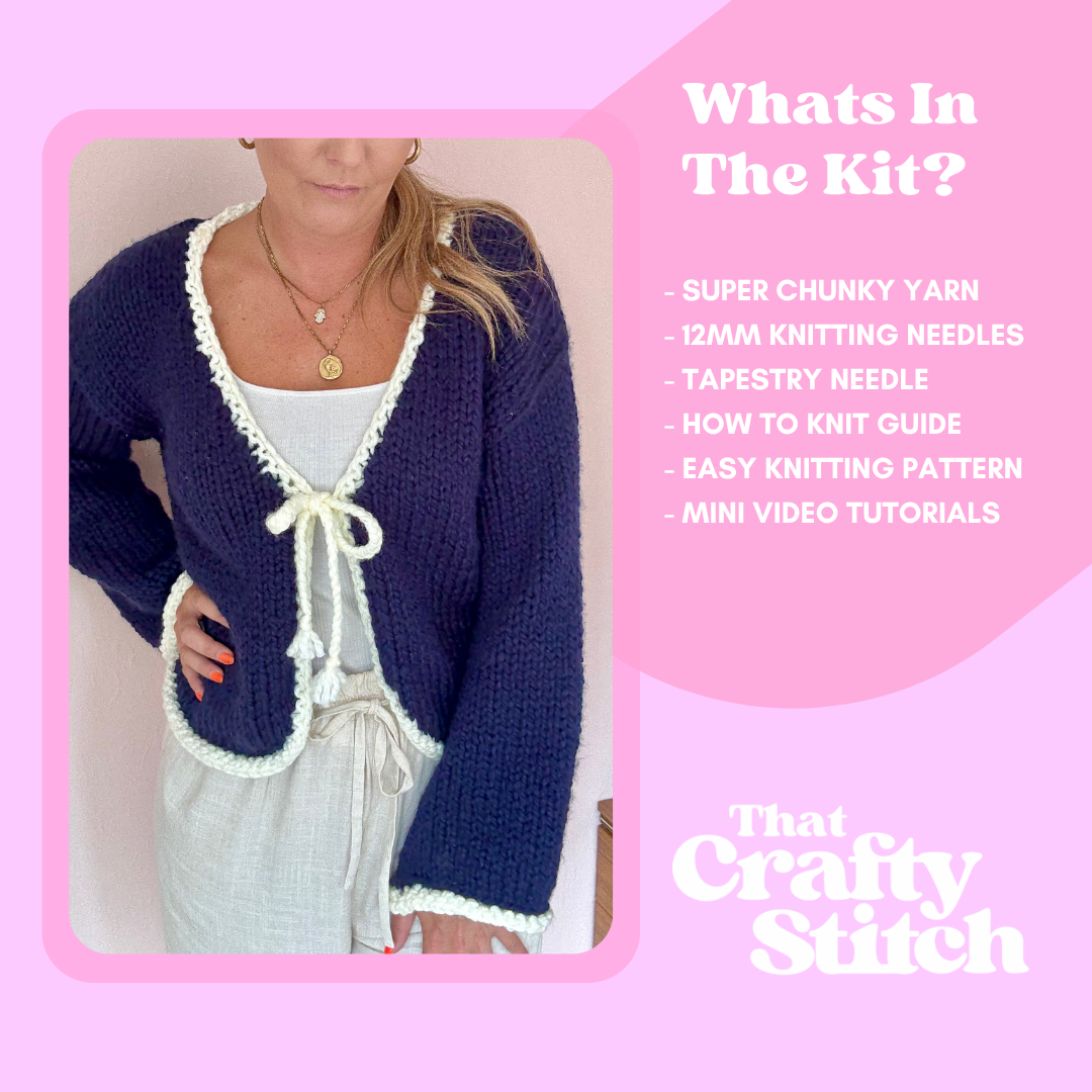 The Katie cardigan knitting kit | confident beginner level knit kit | chunky cardigan | complete DIY knitting kit