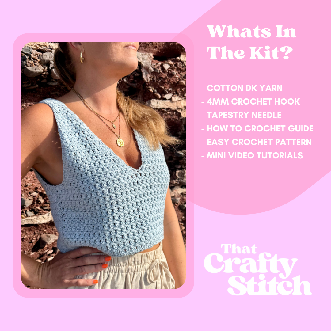 Mabel Cami Crochet Kit | Intermediate level crochet |  V-neck crochet top | Woman wearing a blue crochet cami 