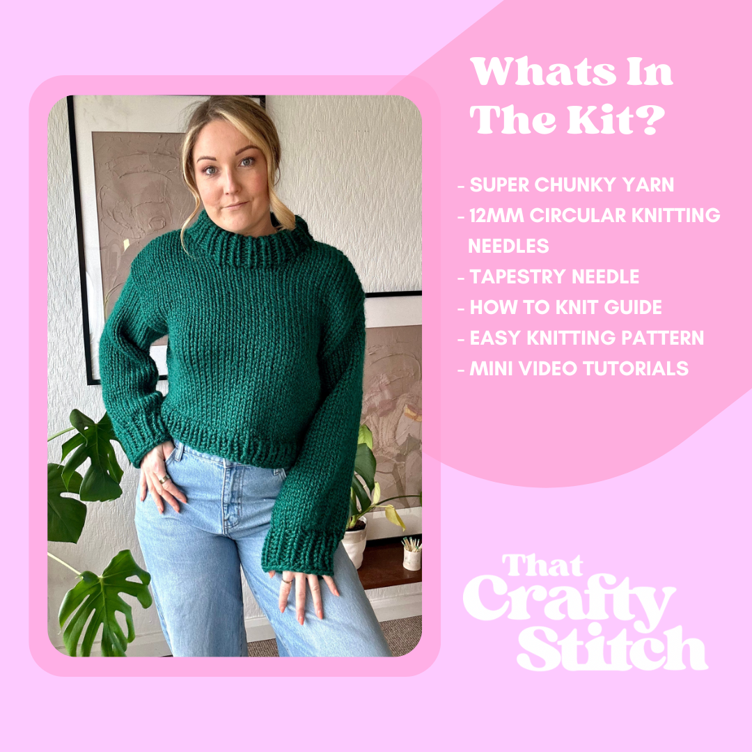 chunky jumper knitting kit | cropped length jumper | super chunky knit kit | beginner friendly